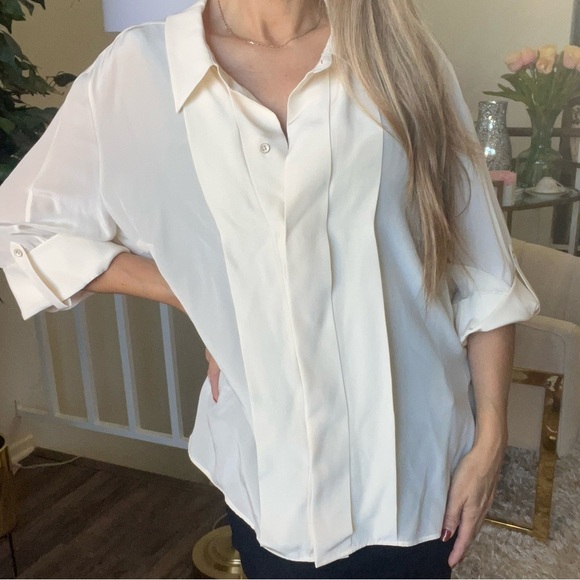 Rena Lange Ivory Silk Pleated Long Sleeve Loose Fit Button Up Blouse Top Size 16 - Picture 5 of 12